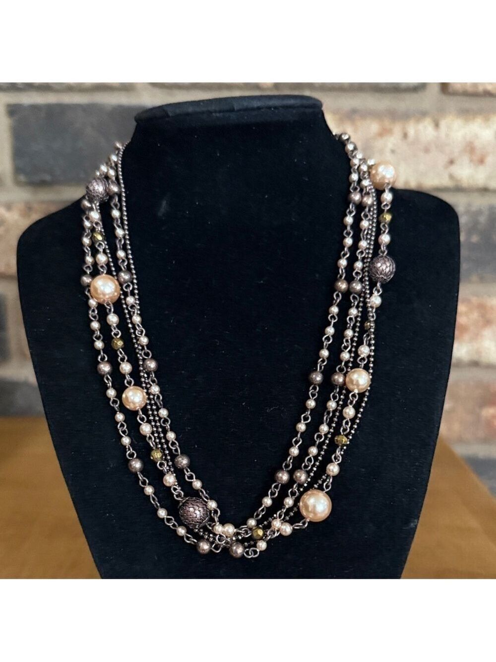 Premier Designs Multi strand Beaded Faux Pearls Necklace  19" Pink Copper